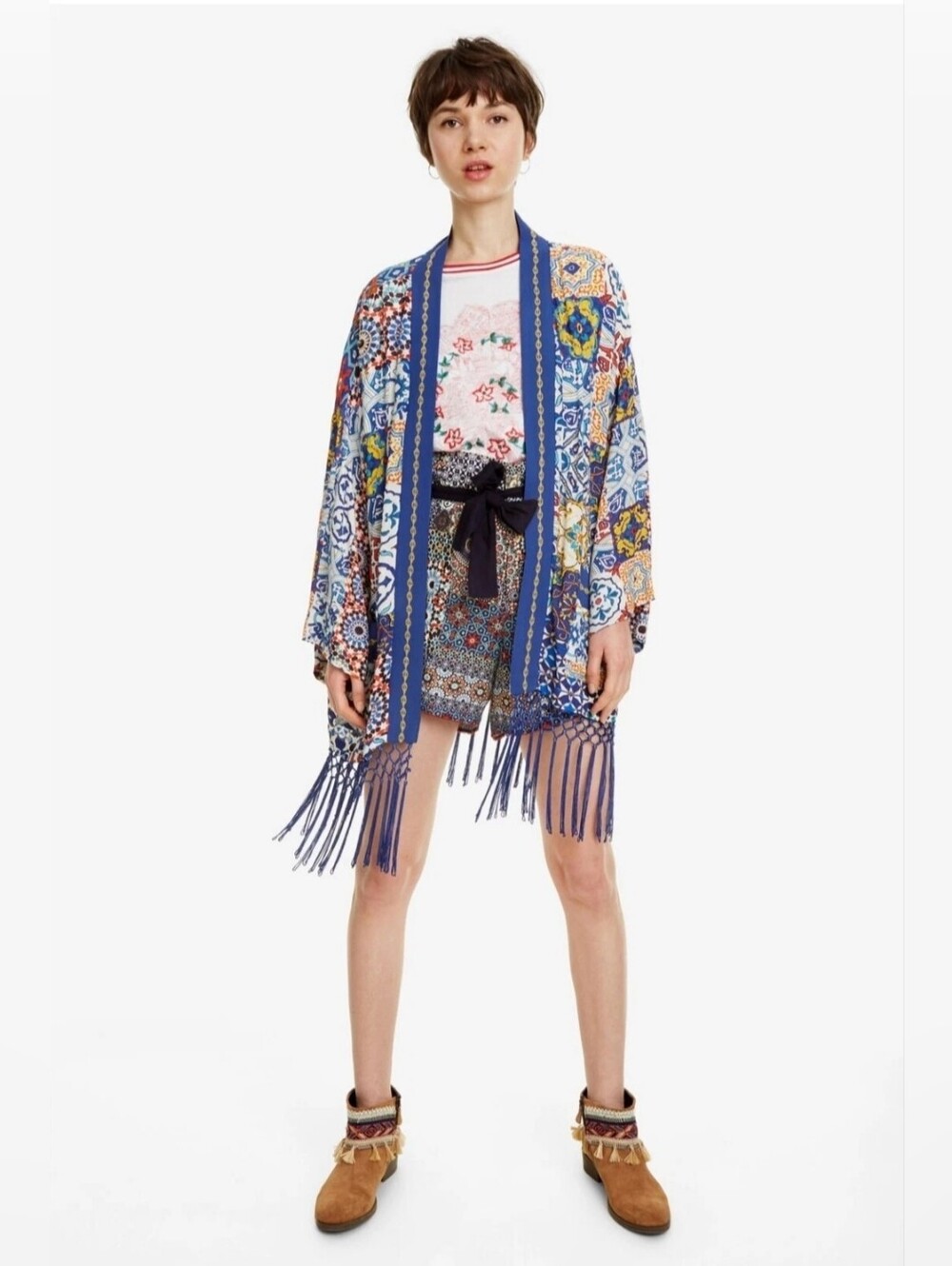 Desigual Azulejo Kimono Fringe Jacket Large Sequin Beaded Embroidered Blue